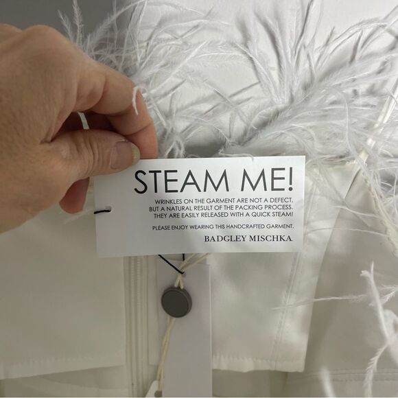 BADGLEY MISCHKA Feather Belted Midi Dress in WHITE Strapless MISSING BELT Size 8 - Picture 14 of 15